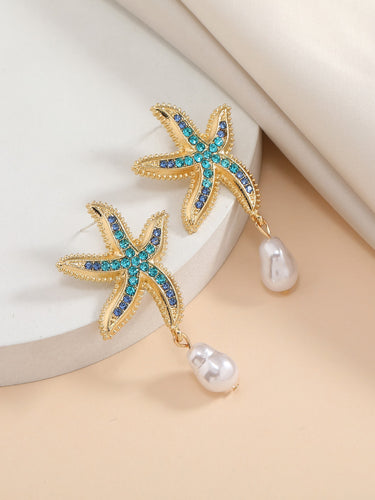 Rhinestone Starfish Faux Pearl Drop Earrings