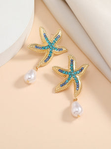 Rhinestone Starfish Faux Pearl Drop Earrings