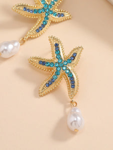 Rhinestone Starfish Faux Pearl Drop Earrings