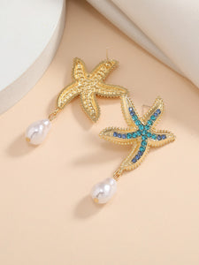 Rhinestone Starfish Faux Pearl Drop Earrings