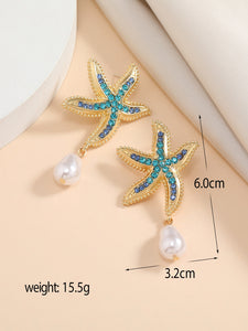 Rhinestone Starfish Faux Pearl Drop Earrings